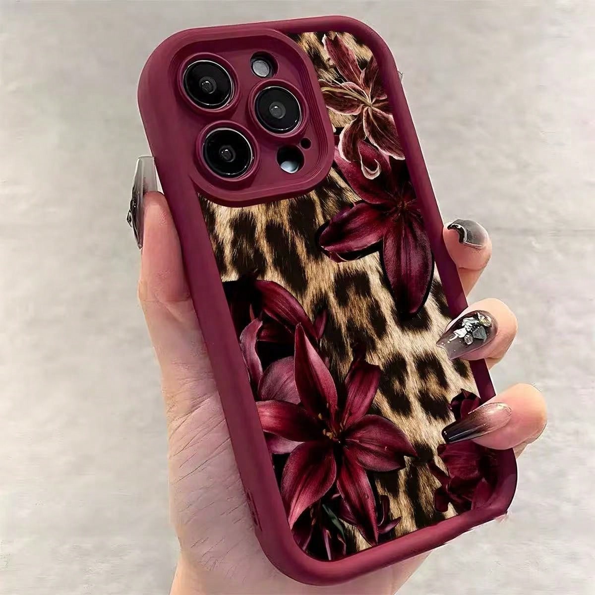 Cheetah, Leopard Print Burgundy Sexy Leopard Print & Vintage Floral Thick Anti-Drop Phone Case, Compatible With Iphone 11 12 13 14 15 16, 13 Pro Max, 16 Plus, XR, 7, 8 Plus, 17 Pro Max, 15 Pro Max And