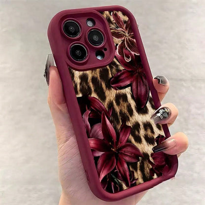 Cheetah, Leopard Print Burgundy Sexy Leopard Print & Vintage Floral Thick Anti-Drop Phone Case, Compatible With Iphone 11 12 13 14 15 16, 13 Pro Max, 16 Plus, XR, 7, 8 Plus, 17 Pro Max, 15 Pro Max And