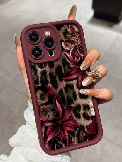 Cheetah, Leopard Print Burgundy Sexy Leopard Print & Vintage Floral Thick Anti-Drop Phone Case, Compatible With Iphone 11 12 13 14 15 16, 13 Pro Max, 16 Plus, XR, 7, 8 Plus, 17 Pro Max, 15 Pro Max And