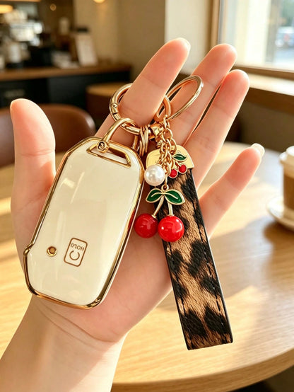 Cherry Leopard Print Keychain + Key Case Set Compatible With Kia Ceed Cerato Forte NIRO Seltos Sorento Soul Sportage Telluride K5 Key Cover: Smart 5-Button Key Shell Kia K3 Key Case Personalized KX3 K
