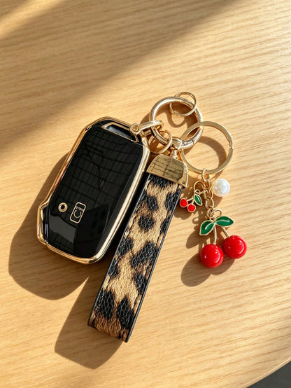 Cherry Leopard Print Keychain + Key Case Set Compatible With Kia Ceed Cerato Forte NIRO Seltos Sorento Soul Sportage Telluride K5 Key Cover: Smart 5-Button Key Shell Kia K3 Key Case Personalized KX3 K