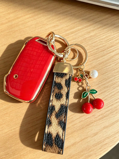 Cherry Leopard Print Keychain + Key Case Set Compatible With Kia Ceed Cerato Forte NIRO Seltos Sorento Soul Sportage Telluride K5 Key Cover: Smart 5-Button Key Shell Kia K3 Key Case Personalized KX3 K