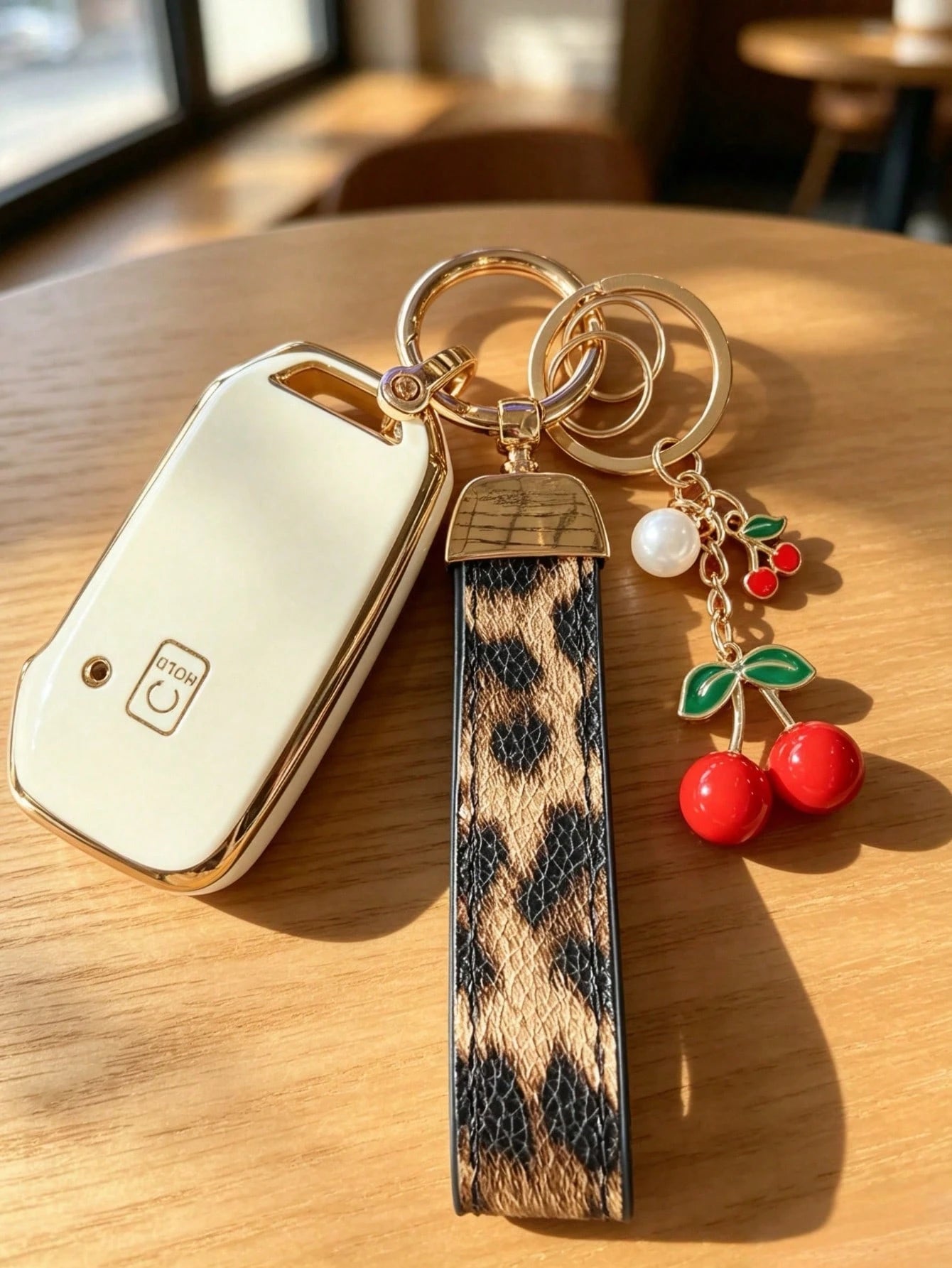 Cherry Leopard Print Keychain + Key Case Set Compatible With Kia Ceed Cerato Forte NIRO Seltos Sorento Soul Sportage Telluride K5 Key Cover: Smart 5-Button Key Shell Kia K3 Key Case Personalized KX3 K