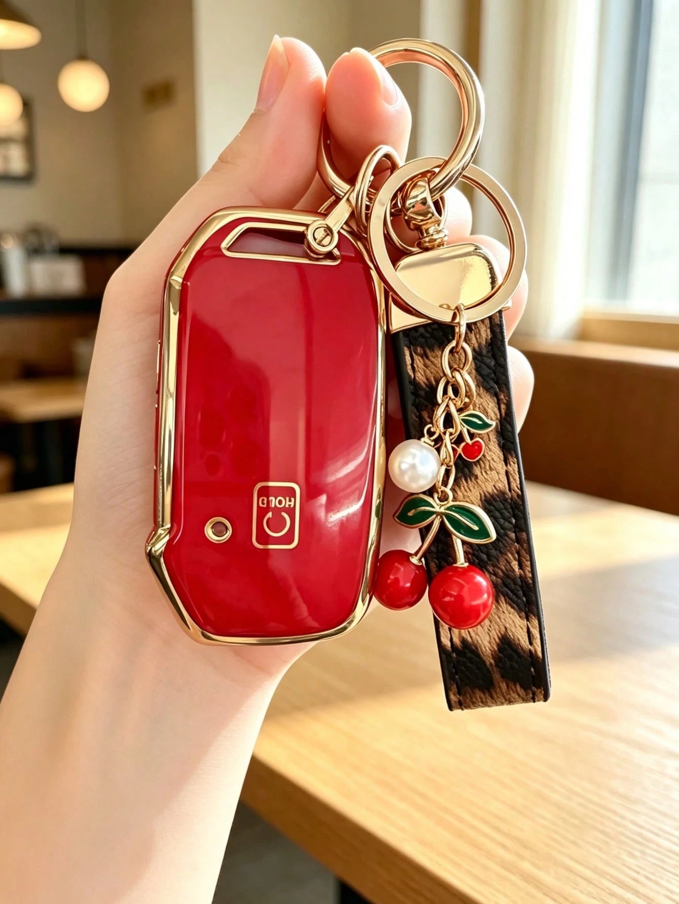 Cherry Leopard Print Keychain + Key Case Set Compatible With Kia Ceed Cerato Forte NIRO Seltos Sorento Soul Sportage Telluride K5 Key Cover: Smart 5-Button Key Shell Kia K3 Key Case Personalized KX3 K