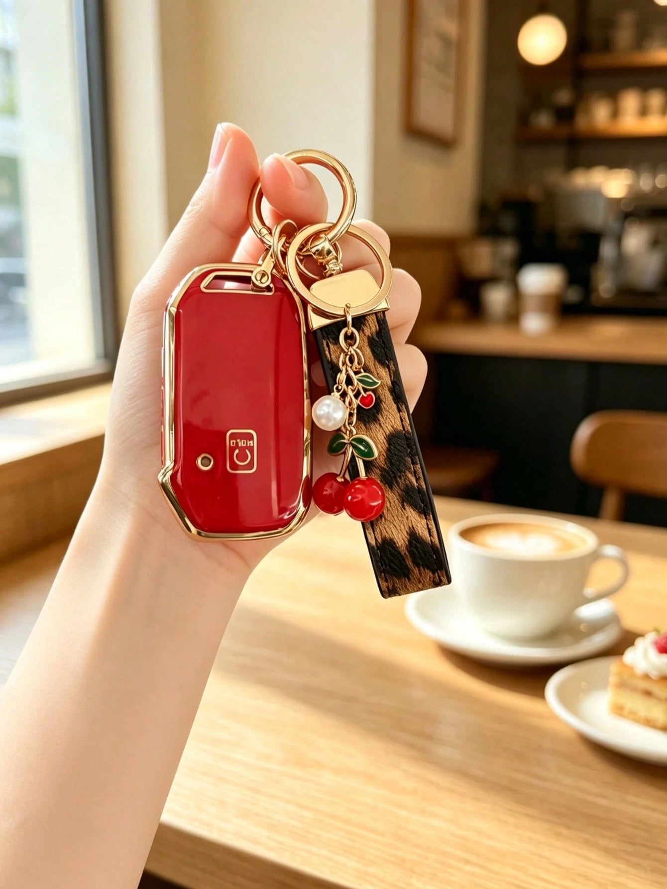 Cherry Leopard Print Keychain + Key Case Set Compatible With Kia Ceed Cerato Forte NIRO Seltos Sorento Soul Sportage Telluride K5 Key Cover: Smart 5-Button Key Shell Kia K3 Key Case Personalized KX3 K
