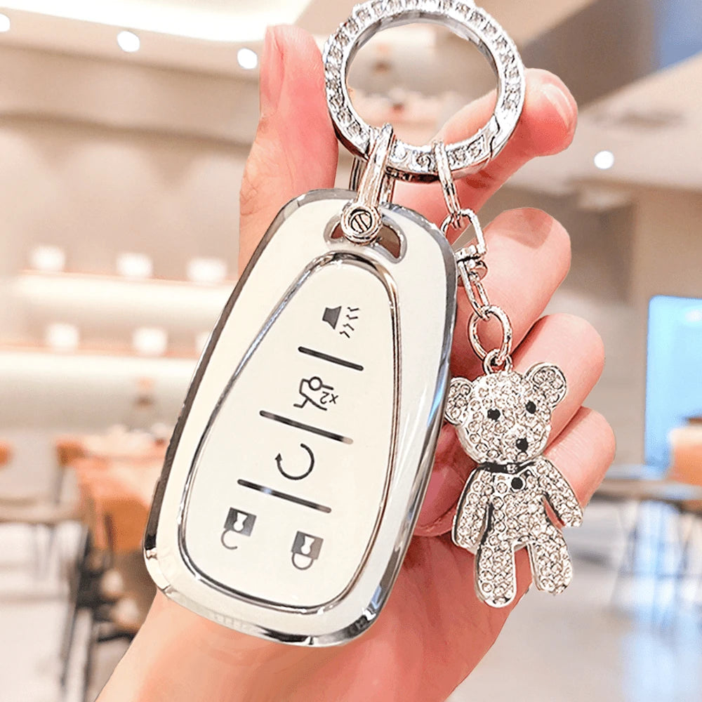 Chevrolet Car Keychain With Cute Rhinestone Teddy Bear Keychain, Soft TPU Car Key Shell, Fit For Chevrolet MALIBU, CRUZE, CAPTIVA, SAIL, EPICA, Malibu, CAVALIER, Cruze, TRACKER, Malibu Camaro Trax