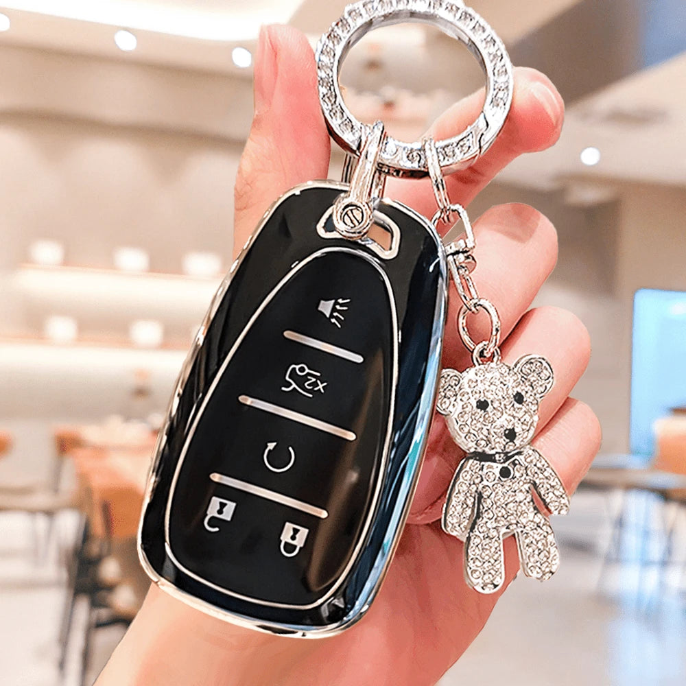 Chevrolet Car Keychain With Cute Rhinestone Teddy Bear Keychain, Soft TPU Car Key Shell, Fit For Chevrolet MALIBU, CRUZE, CAPTIVA, SAIL, EPICA, Malibu, CAVALIER, Cruze, TRACKER, Malibu Camaro Trax