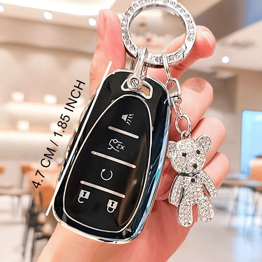Chevrolet Car Keychain With Cute Rhinestone Teddy Bear Keychain, Soft TPU Car Key Shell, Fit For Chevrolet MALIBU, CRUZE, CAPTIVA, SAIL, EPICA, Malibu, CAVALIER, Cruze, TRACKER, Malibu Camaro Trax