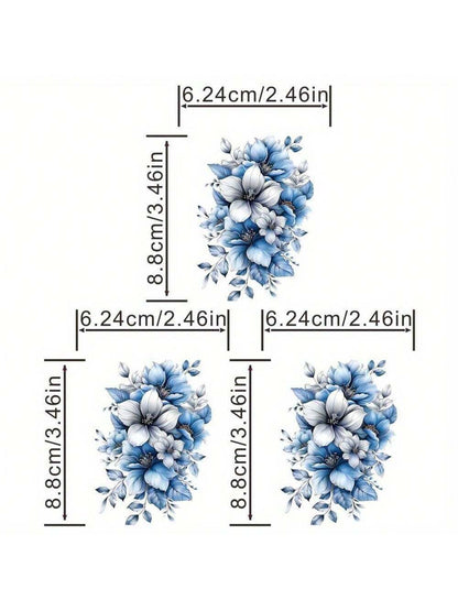 Chic Blue & Gray Floral Iron-On Transfer Stickers- Washable Glitter Decals For T-Shirts, Pillows, Masks & Backpacks, Stickers For Clothes