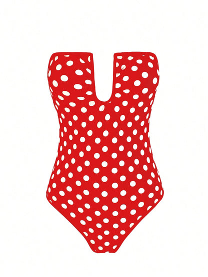 Chic Polka Dot Monokini Cut-Out One-Piece Swimsuit 2026 Women Deep U Neck Ruch Bandeau Bathing Suit Summer Beach Vacay Removable Strap