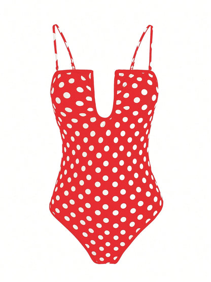 Chic Polka Dot Monokini Cut-Out One-Piece Swimsuit 2026 Women Deep U Neck Ruch Bandeau Bathing Suit Summer Beach Vacay Removable Strap