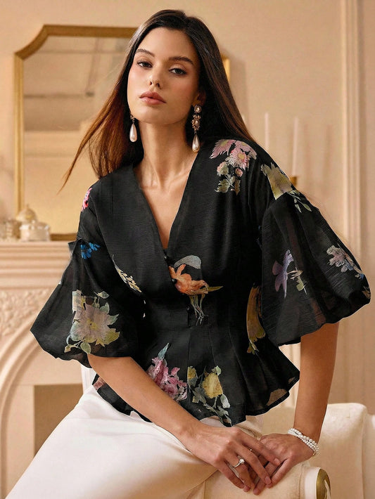 Chiquease Organza Floral Print Puff Sleeve Women's Blouse