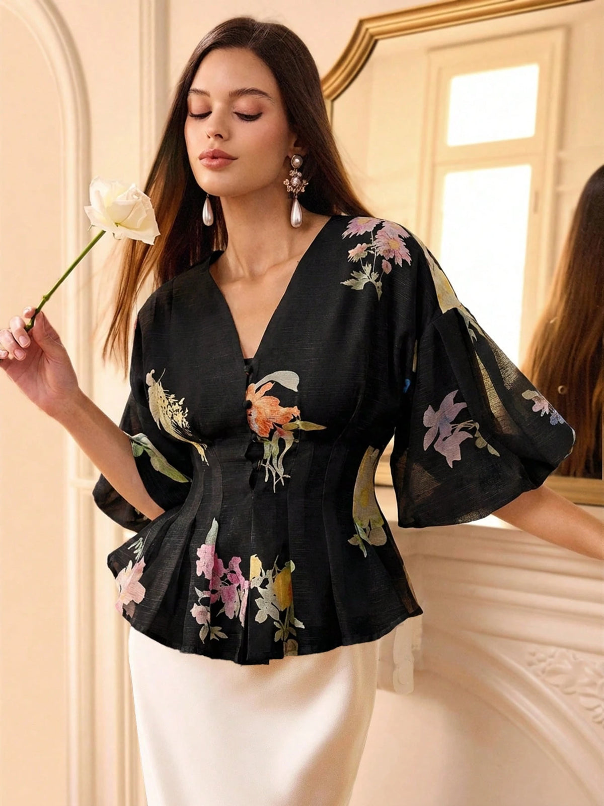 Chiquease Organza Floral Print Puff Sleeve Women's Blouse