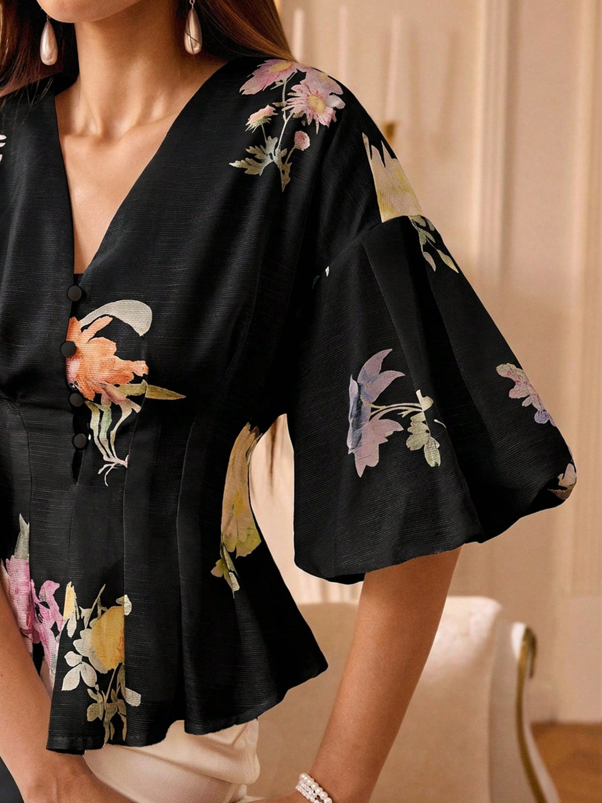 Chiquease Organza Floral Print Puff Sleeve Women's Blouse