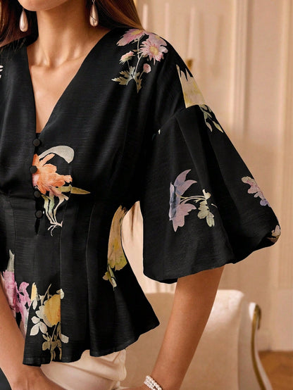 Chiquease Organza Floral Print Puff Sleeve Women's Blouse