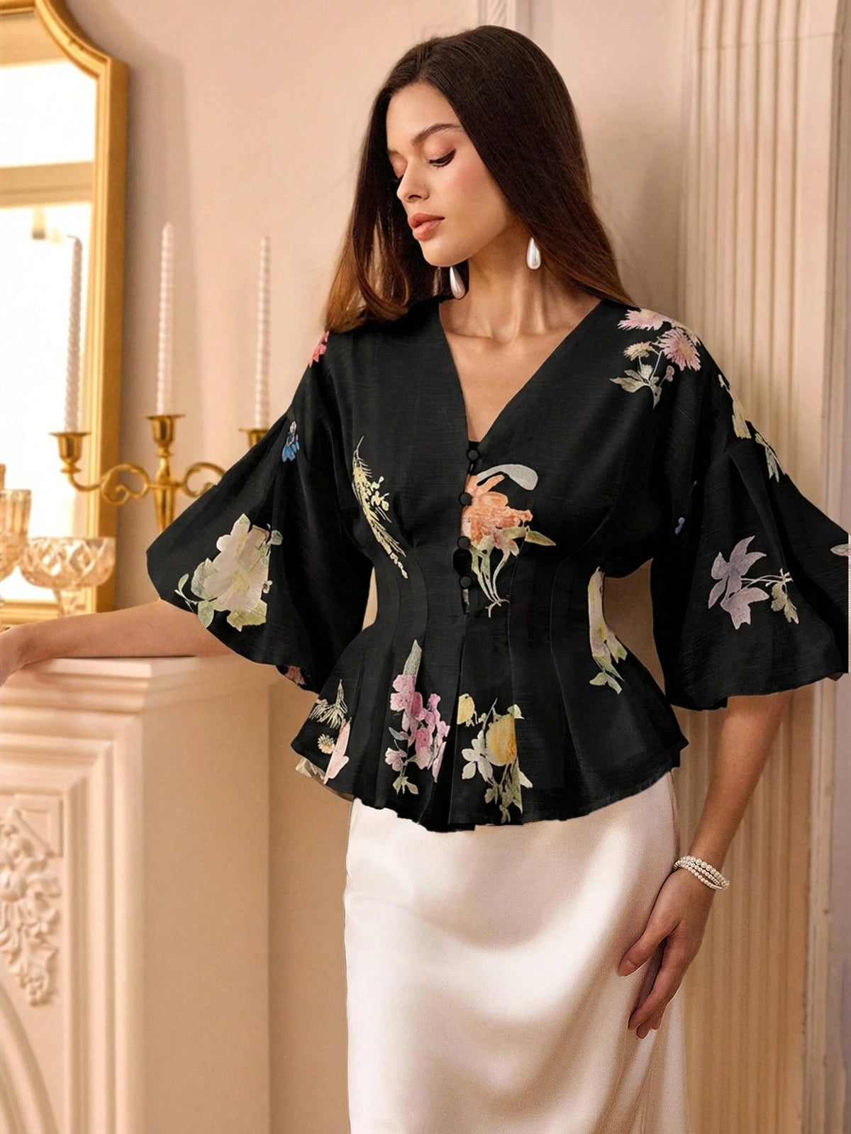 Chiquease Organza Floral Print Puff Sleeve Women's Blouse