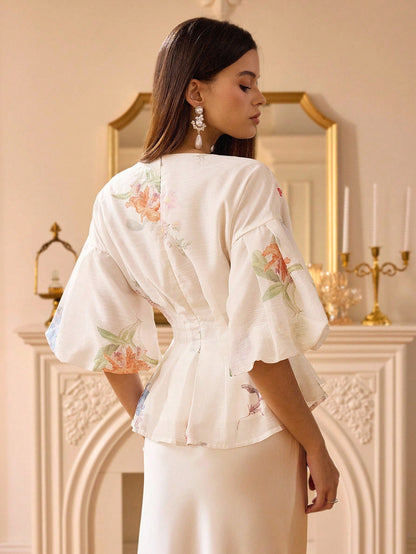 Chiquease Organza Floral Print Puff Sleeve Women's Blouse