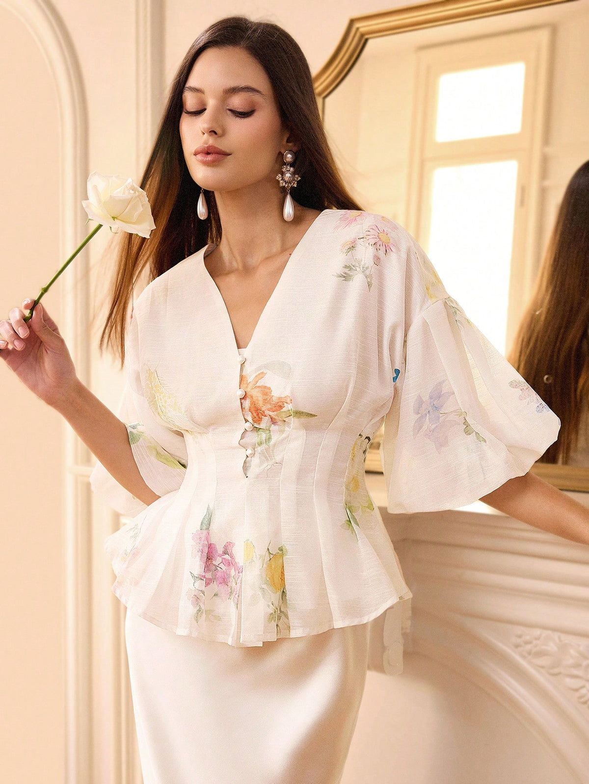 Chiquease Organza Floral Print Puff Sleeve Women's Blouse