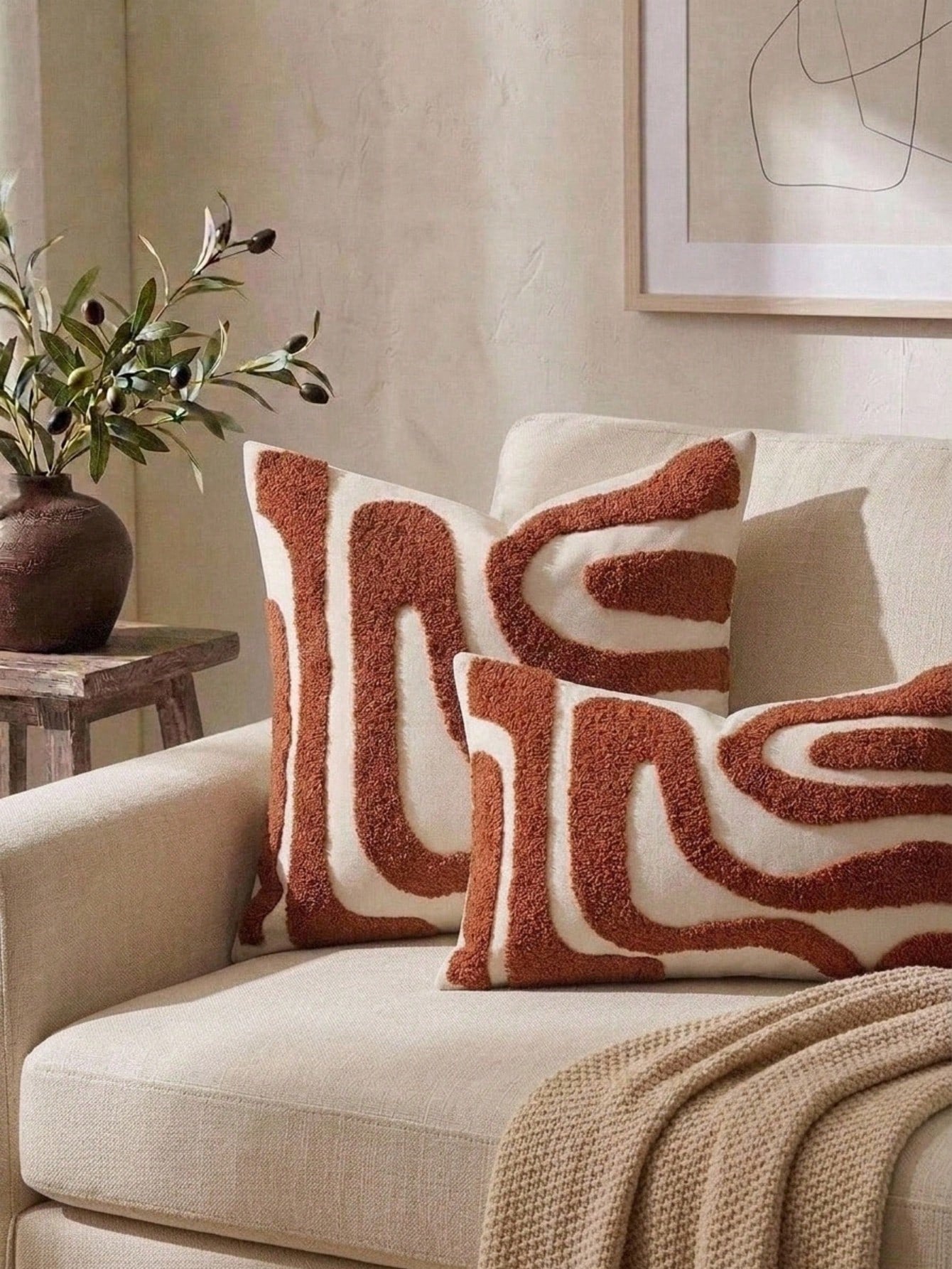 Cirelle 1pc Aesthetic Abstract Tufted Throw Pillow Cover- Rust Red Wavy Line Textured Cushion Case- Decorative Cream & Burnt Orange Pillowcase Shell For Couch, Sofa Chair & Bed Home Decor (No Insert