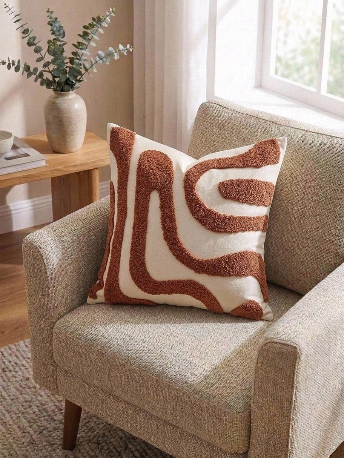 Cirelle 1pc Aesthetic Abstract Tufted Throw Pillow Cover- Rust Red Wavy Line Textured Cushion Case- Decorative Cream & Burnt Orange Pillowcase Shell For Couch, Sofa Chair & Bed Home Decor (No Insert