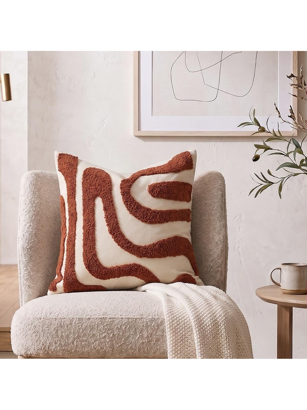Cirelle 1pc Aesthetic Abstract Tufted Throw Pillow Cover- Rust Red Wavy Line Textured Cushion Case- Decorative Cream & Burnt Orange Pillowcase Shell For Couch, Sofa Chair & Bed Home Decor (No Insert