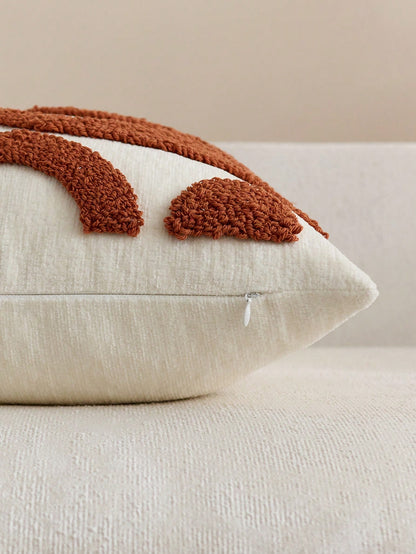 Cirelle 1pc Aesthetic Abstract Tufted Throw Pillow Cover- Rust Red Wavy Line Textured Cushion Case- Decorative Cream & Burnt Orange Pillowcase Shell For Couch, Sofa Chair & Bed Home Decor (No Insert