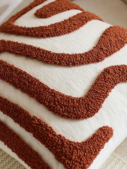 Cirelle 1pc Aesthetic Abstract Tufted Throw Pillow Cover- Rust Red Wavy Line Textured Cushion Case- Decorative Cream & Burnt Orange Pillowcase Shell For Couch, Sofa Chair & Bed Home Decor (No Insert