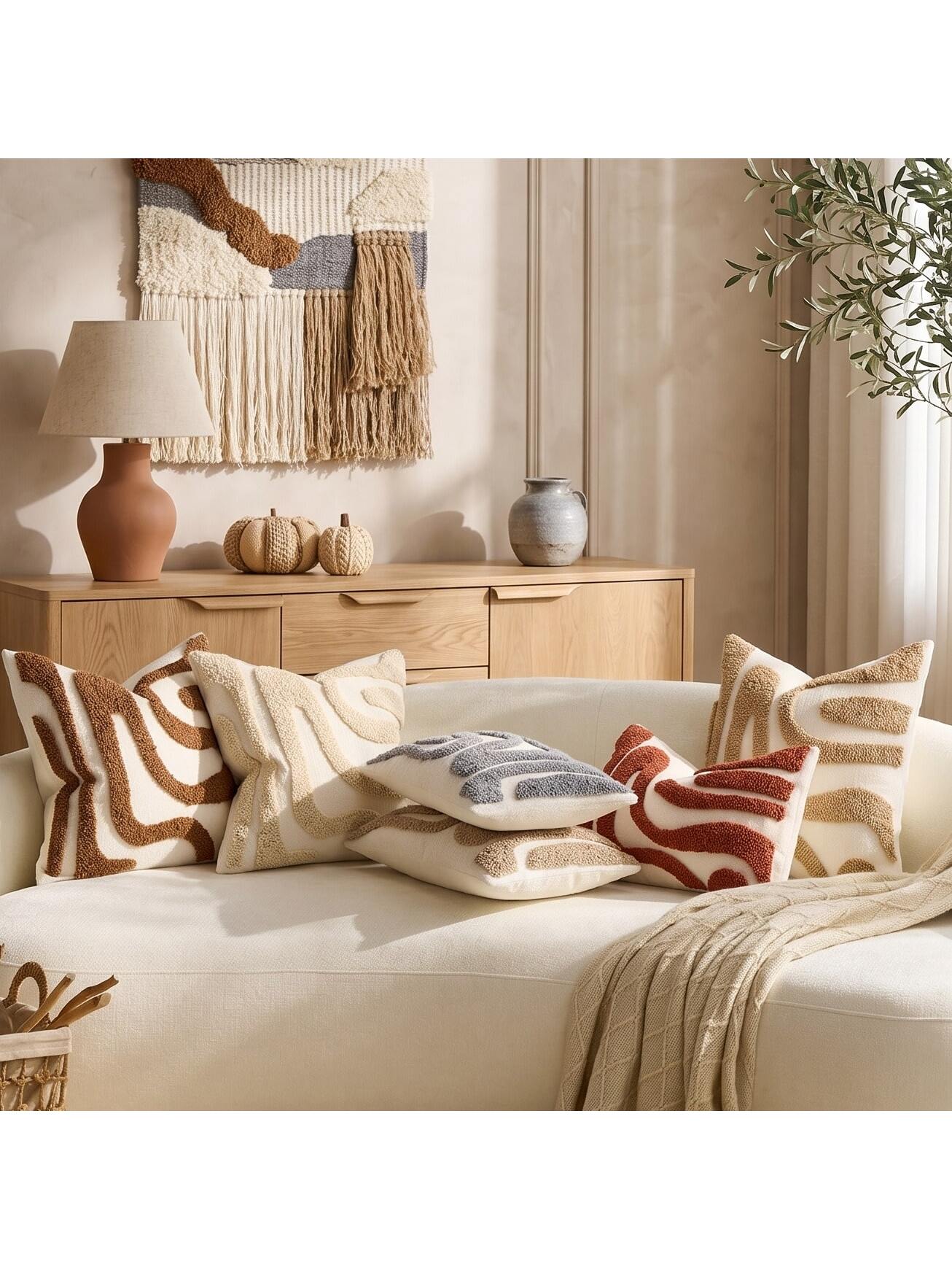 Cirelle 1pc Aesthetic Abstract Tufted Throw Pillow Cover- Rust Red Wavy Line Textured Cushion Case- Decorative Cream & Burnt Orange Pillowcase Shell For Couch, Sofa Chair & Bed Home Decor (No Insert