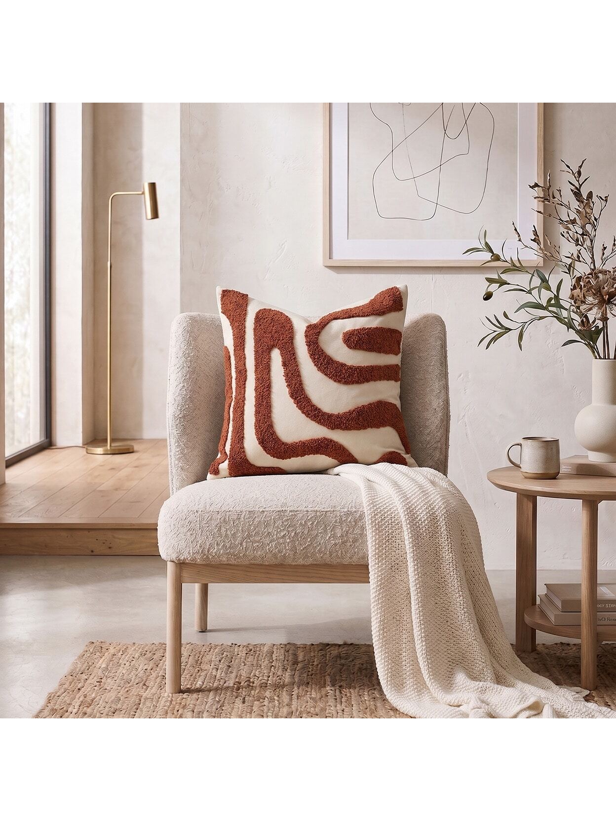 Cirelle 1pc Aesthetic Abstract Tufted Throw Pillow Cover- Rust Red Wavy Line Textured Cushion Case- Decorative Cream & Burnt Orange Pillowcase Shell For Couch, Sofa Chair & Bed Home Decor (No Insert