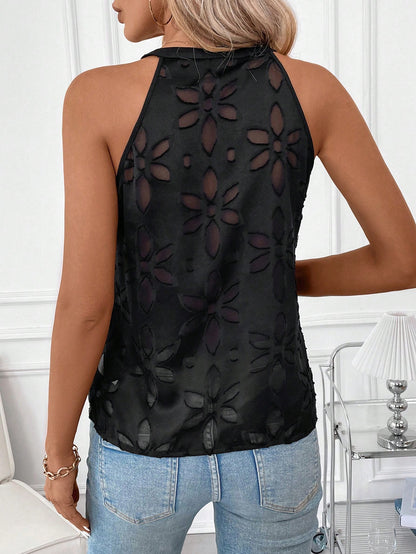 Clasi Black Floral Summer Elegant Night Out Women Sleeveless Shirt With Cut-Out Collar And Scissor-Cut Flower Detail,Casual Elegant Blouse Beach Outfits