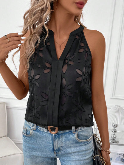 Clasi Black Floral Summer Elegant Night Out Women Sleeveless Shirt With Cut-Out Collar And Scissor-Cut Flower Detail,Casual Elegant Blouse Beach Outfits