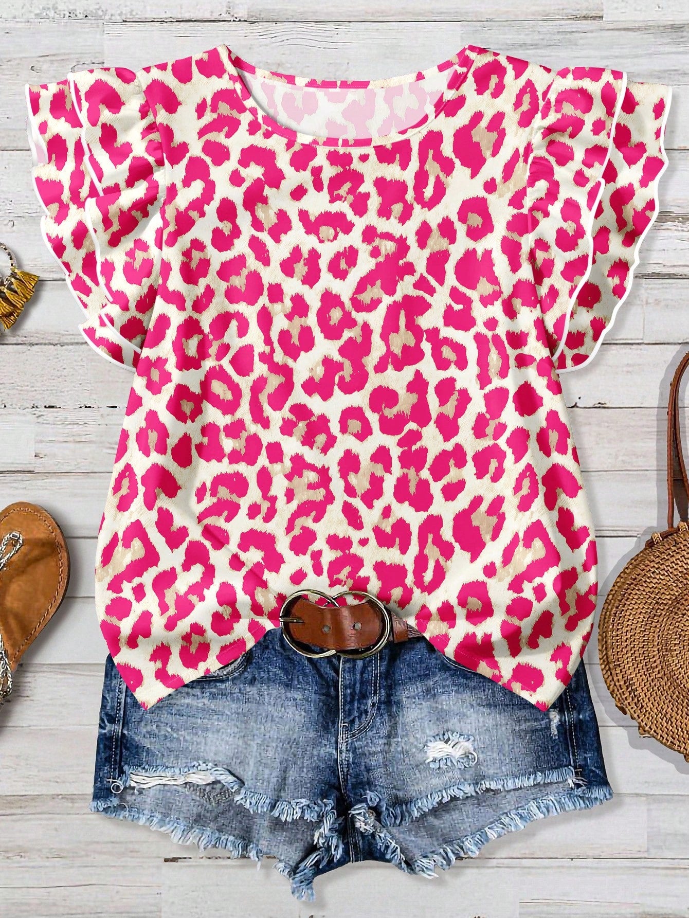 Clasi Casual Minimalist Style Pink Leopard Print Ruffle Hem Women Shirt, Suitable For Spring & Summer,Summer Top