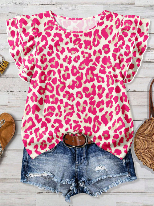 Clasi Casual Minimalist Style Pink Leopard Print Ruffle Hem Women Shirt, Suitable For Spring & Summer,Summer Top
