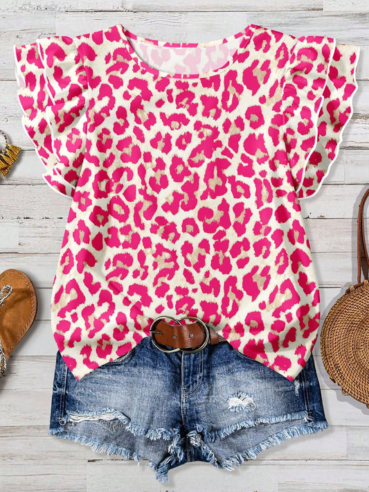 Clasi Casual Minimalist Style Pink Leopard Print Ruffle Hem Women Shirt, Suitable For Spring & Summer,Summer Top