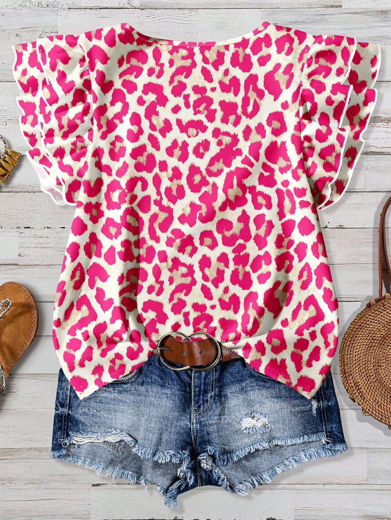 Clasi Casual Minimalist Style Pink Leopard Print Ruffle Hem Women Shirt, Suitable For Spring & Summer,Summer Top
