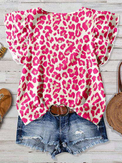Clasi Casual Minimalist Style Pink Leopard Print Ruffle Hem Women Shirt, Suitable For Spring & Summer,Summer Top