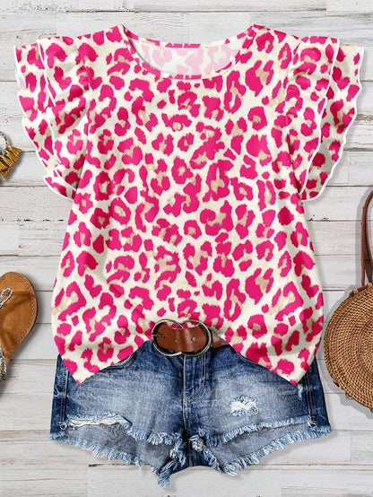 Clasi Casual Minimalist Style Pink Leopard Print Ruffle Hem Women Shirt, Suitable For Spring & Summer,Summer Top