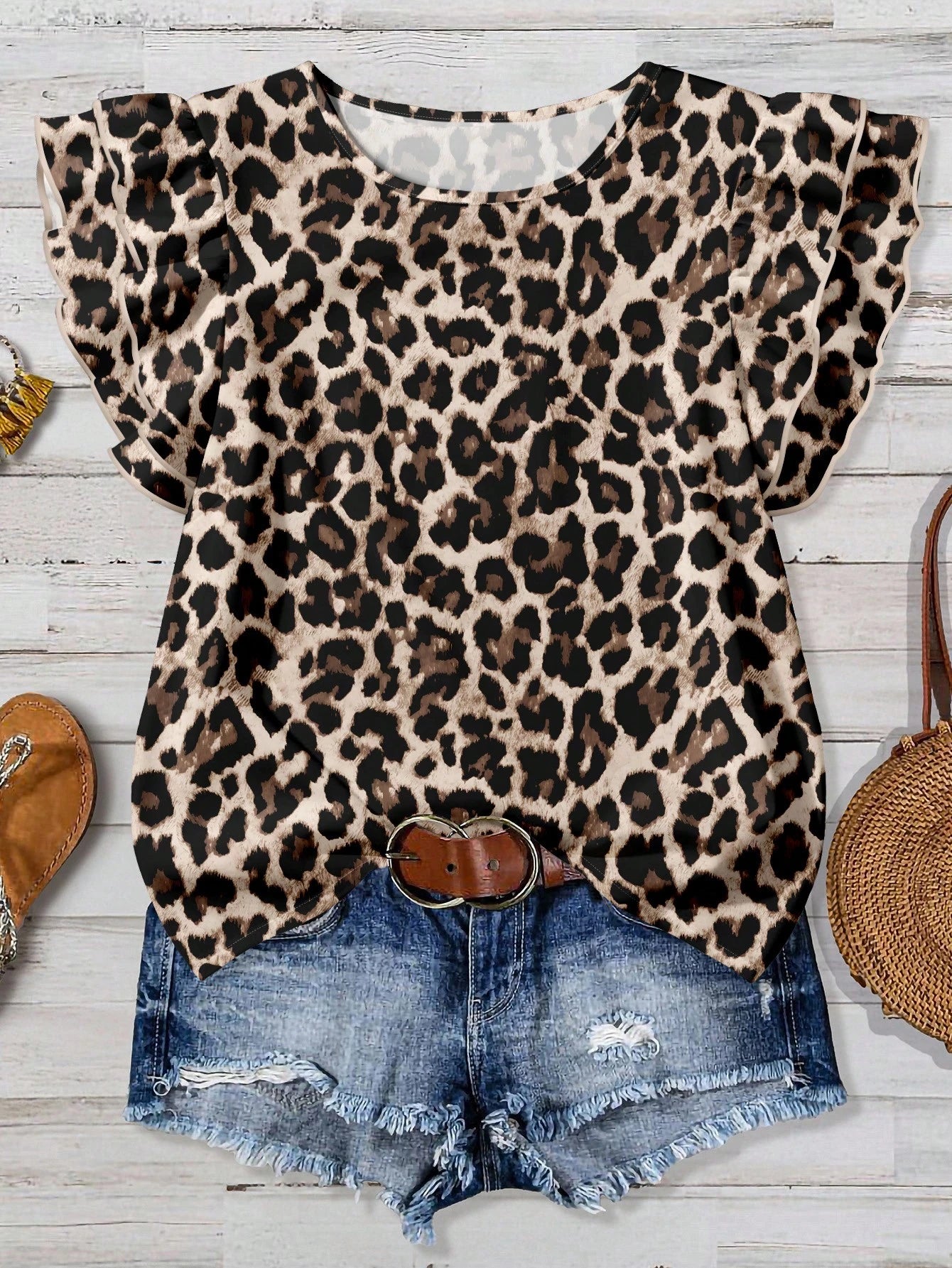 Clasi Casual Minimalist Style Pink Leopard Print Ruffle Hem Women Shirt, Suitable For Spring & Summer,Summer Top