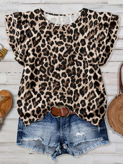 Clasi Casual Minimalist Style Pink Leopard Print Ruffle Hem Women Shirt, Suitable For Spring & Summer,Summer Top