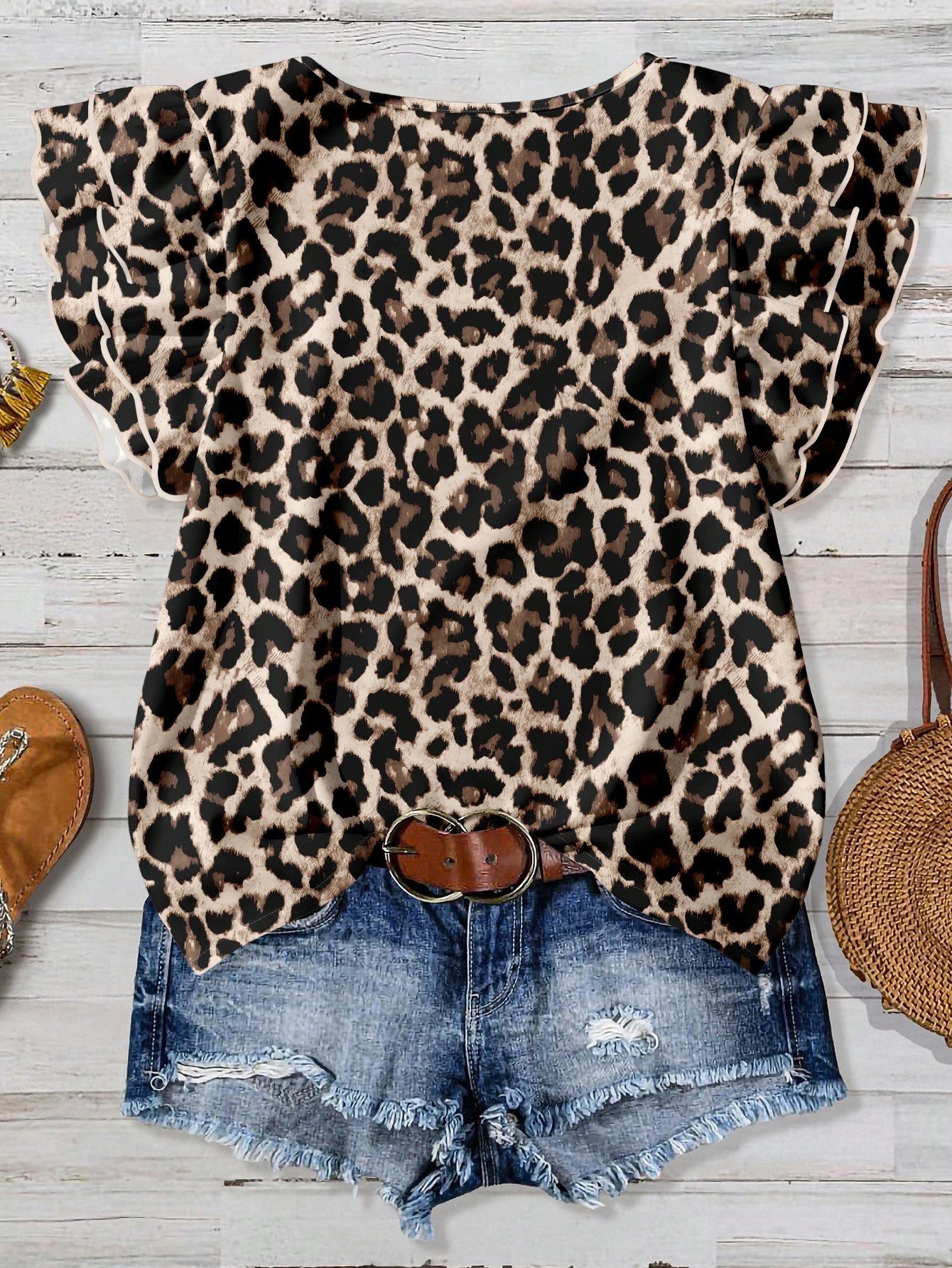 Clasi Casual Minimalist Style Pink Leopard Print Ruffle Hem Women Shirt, Suitable For Spring & Summer,Summer Top