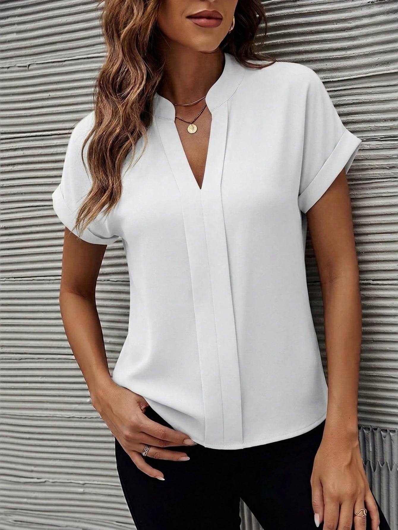 Clasi Solid Color V-Neck Casual Loose Short Sleeve Shirt, Versatile For Daily Wear, Summer,Summer Top
