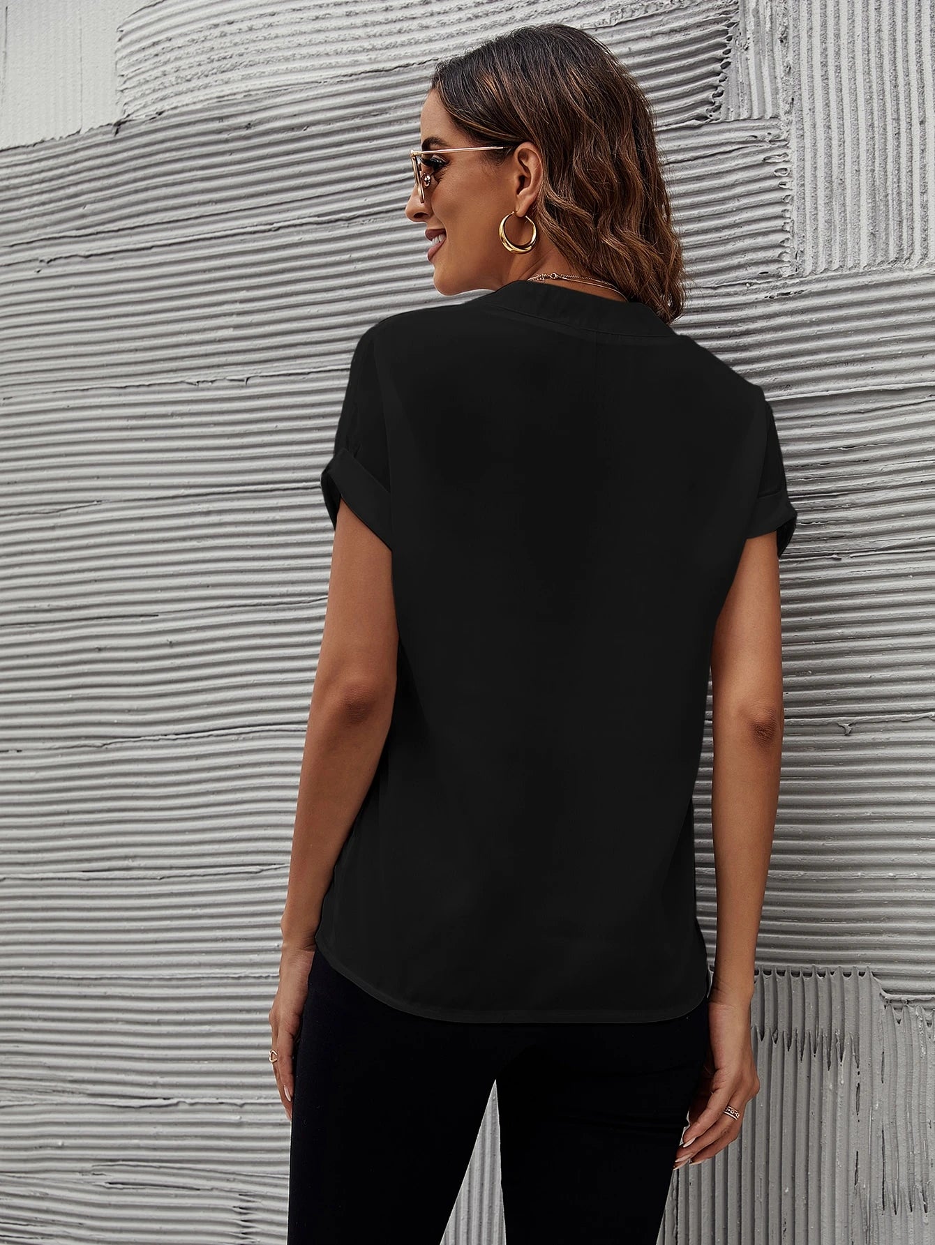Clasi Solid Color V-Neck Casual Loose Short Sleeve Shirt, Versatile For Daily Wear, Summer,Summer Top