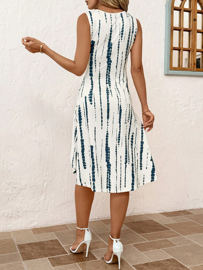 Clasi Women's Elegant Blue And White Slim-Fit Round Neck Sleeveless Waist Ruched Mid-Length Midi Dress,Summer Casual Holiday Vacation Spring Outfit,Holiday