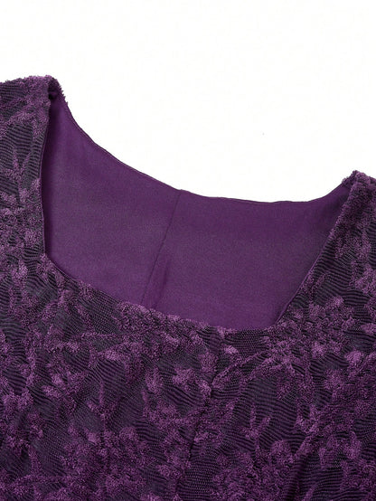 Clasi Women's Elegant Jacquard Sheer Petal Sleeve Cinched Waist Dress, Summer,Dresses For Women Summer Wedding Funeral Gender Reveal Purple
