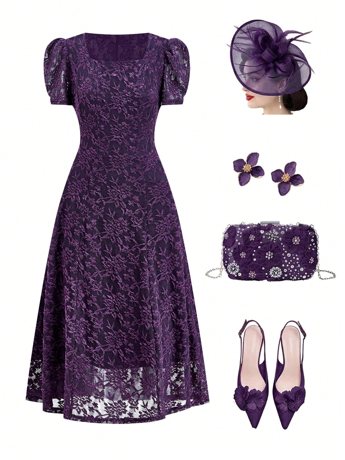 Clasi Women's Elegant Jacquard Sheer Petal Sleeve Cinched Waist Dress, Summer,Dresses For Women Summer Wedding Funeral Gender Reveal Purple