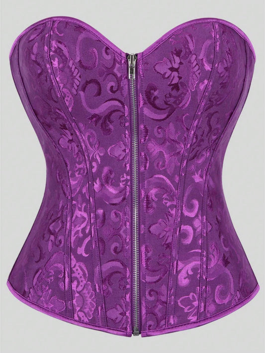 Classic Royal Purple Jacquard Strapless Corset Top With Front Zipper, Back Lace-Up And Boning, Tight Waist Cincher For Halloween And Daily Wear