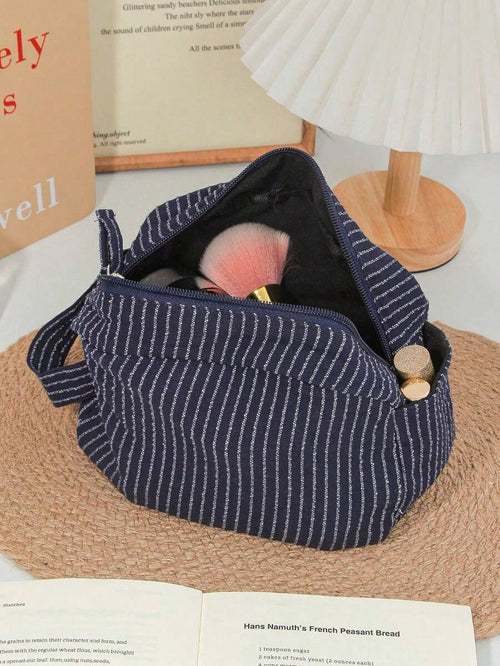Classic Striped Large Capacity Handheld Makeup Bag, Dark Color Zipper, Skincare Products Travel Organizer Pouch Travel Essentials For Holiday Vacation Makeup Organizer Travel Bag For Women Make Up Bag