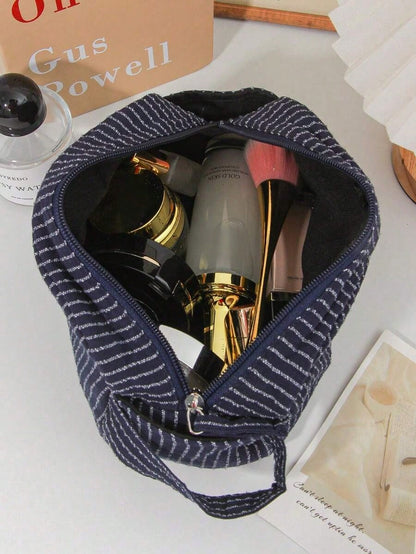 Classic Striped Large Capacity Handheld Makeup Bag, Dark Color Zipper, Skincare Products Travel Organizer Pouch Travel Essentials For Holiday Vacation Makeup Organizer Travel Bag For Women Make Up Bag