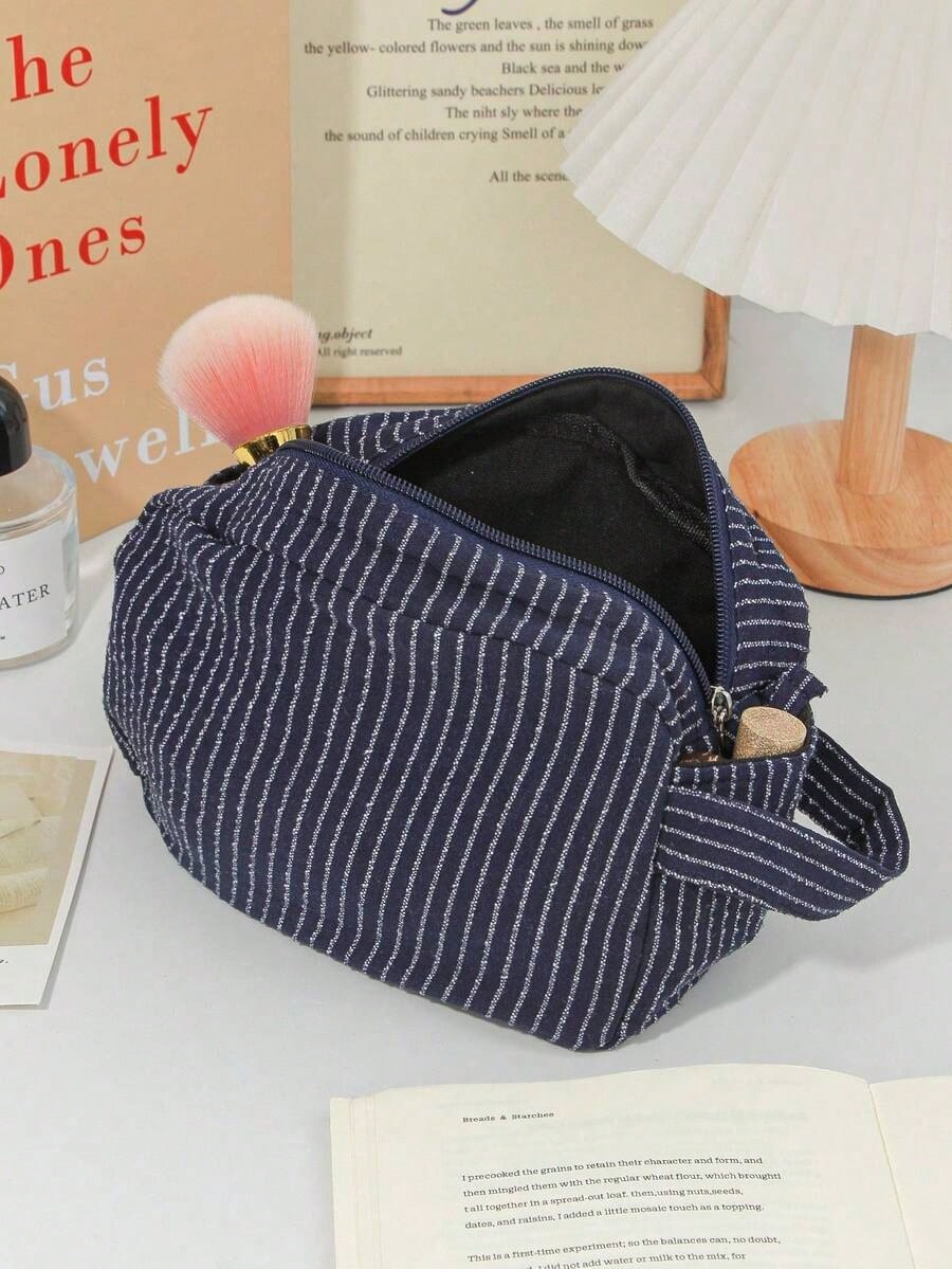Classic Striped Large Capacity Handheld Makeup Bag, Dark Color Zipper, Skincare Products Travel Organizer Pouch Travel Essentials For Holiday Vacation Makeup Organizer Travel Bag For Women Make Up Bag