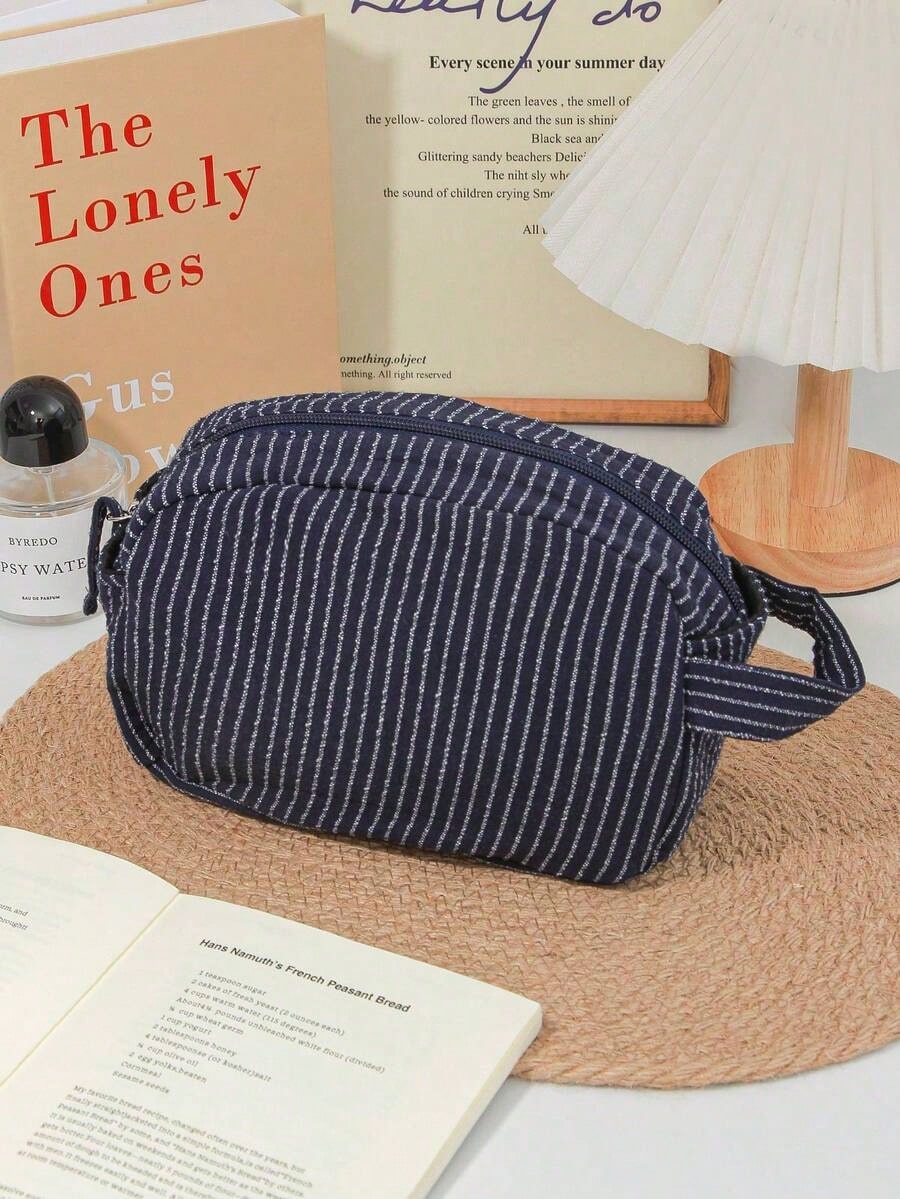 Classic Striped Large Capacity Handheld Makeup Bag, Dark Color Zipper, Skincare Products Travel Organizer Pouch Travel Essentials For Holiday Vacation Makeup Organizer Travel Bag For Women Make Up Bag